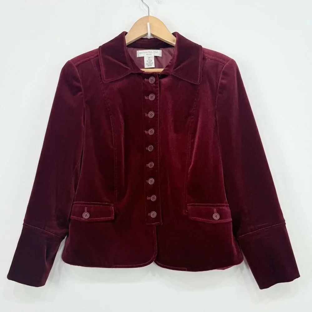 Pursuits Ltd Deep Red Cotton Velvet Military Style Holiday Blazer Jacket